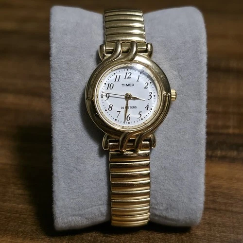Vtg Timex Watch Women 25mm Gold Tone White Dial Stretch Band - New Battery