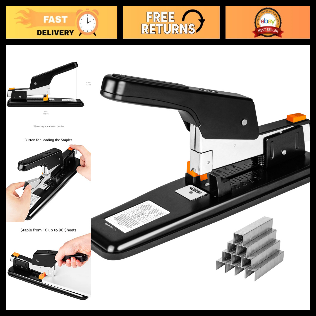 Heavy-Duty Stapler for 90 Sheets, Non-Slip Large Office Stapler + 1000 Staples,