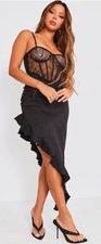 Pretty Little Things Black Lace Corset Frill Hem Maxi Dress size 12 NWT
