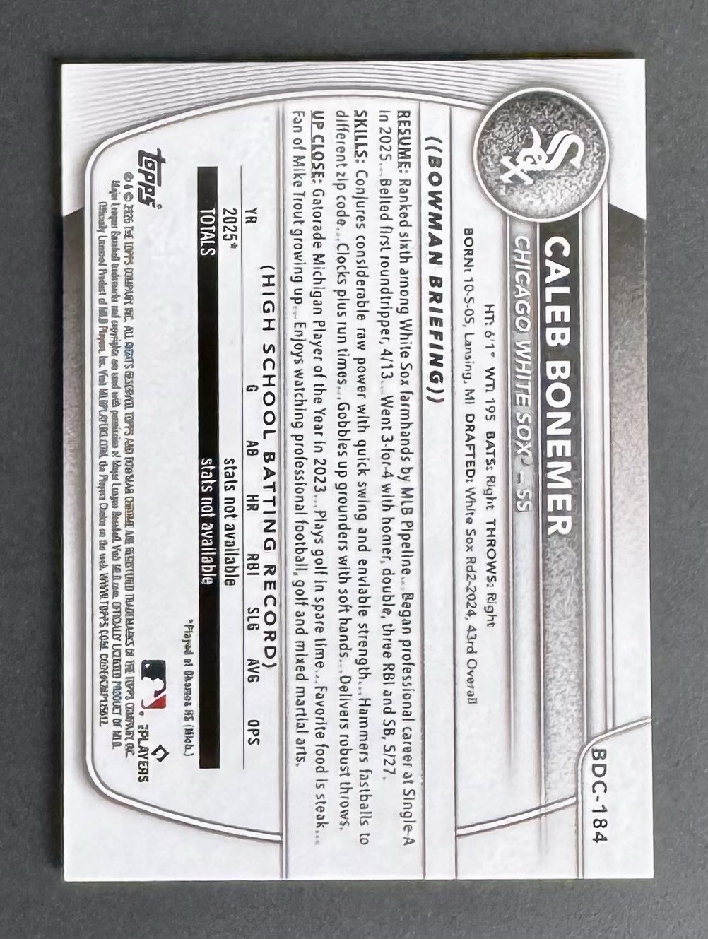 2025 Bowman Draft Chrome Caleb Bonemer Red Refractor 5/5 #BDC-184 White Sox SS view 2