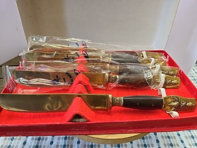 VINTAGE 6 STAR OF SIAM THAILAND BUDDHA BRONZE BRASS  KNIFES CUTLERY
