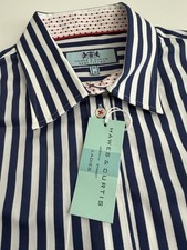 NEW Hawes & Curtis SEMI FITTED Shirt Size 10 - Navy Stripe & Red Dot Contrast