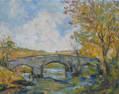 Art Original Oil Painting RM Mortensen ''The Old Stone Bridge'' Country Landscape