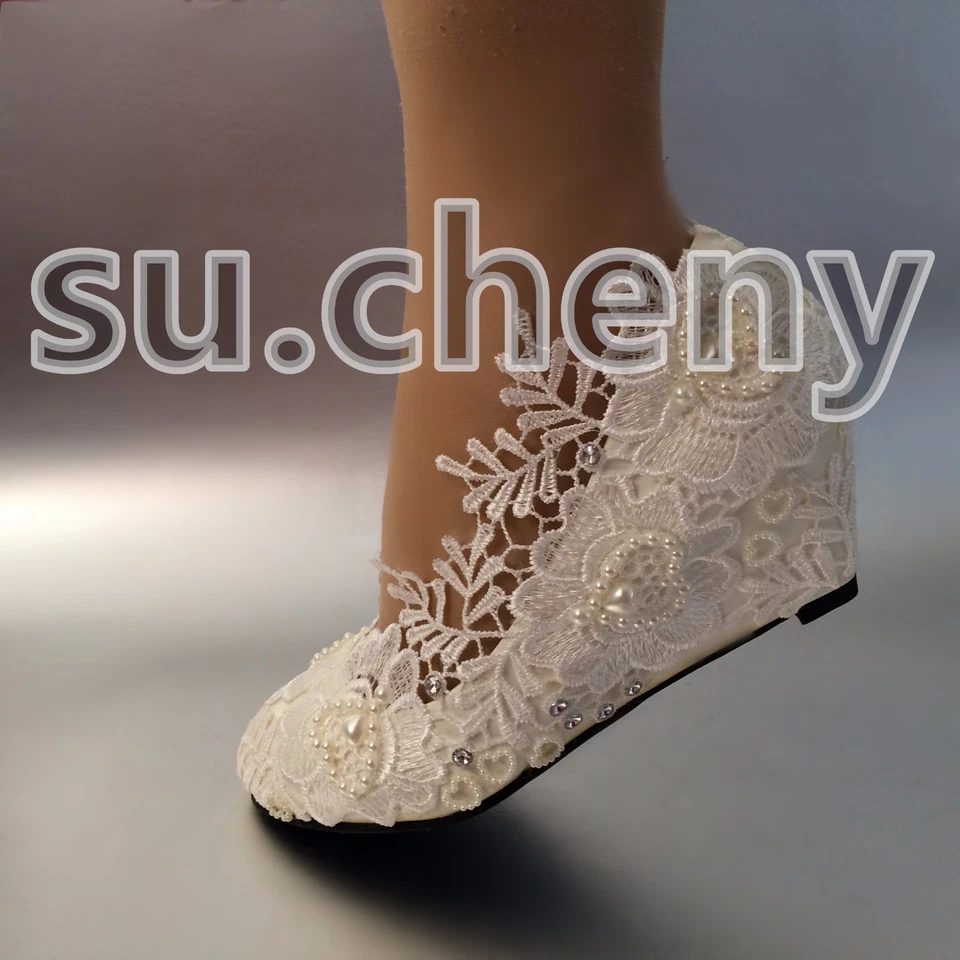 su.cheny 2" Wedge white ivory pearls lace crystal Wedding shoes Bridal size 5-12 - Image 3 of 4