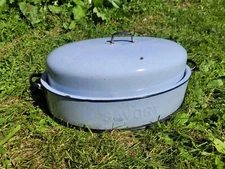 Vintage Savory Roasting Pan Large Blue Speckle Farmhouse Enamelware Roaster