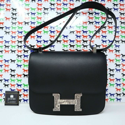 hermès constance 24 shiny noir porosus with white gold & diamond hardware