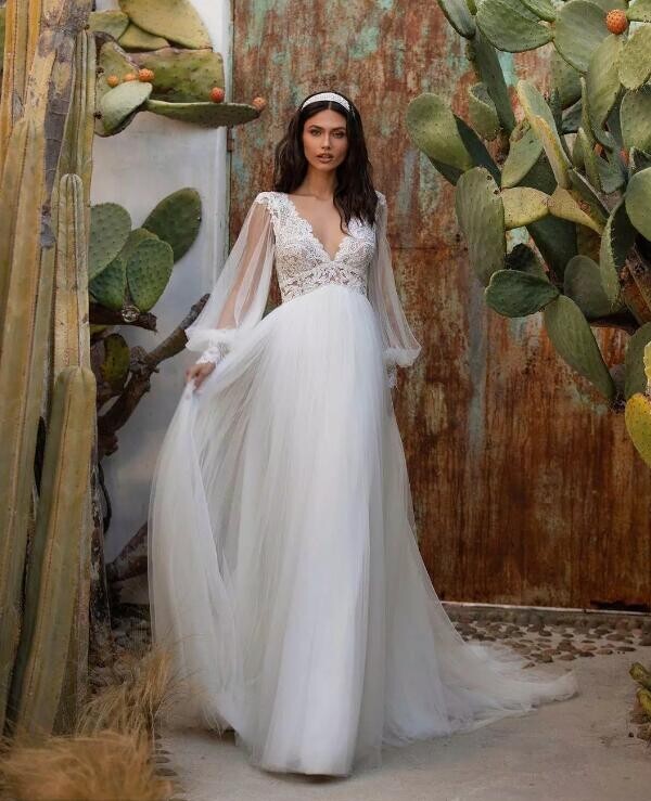 Empire V Neck Lace Tulle Wedding Dresses Open Back Bridal Gown with Long  Sleeves | eBay
