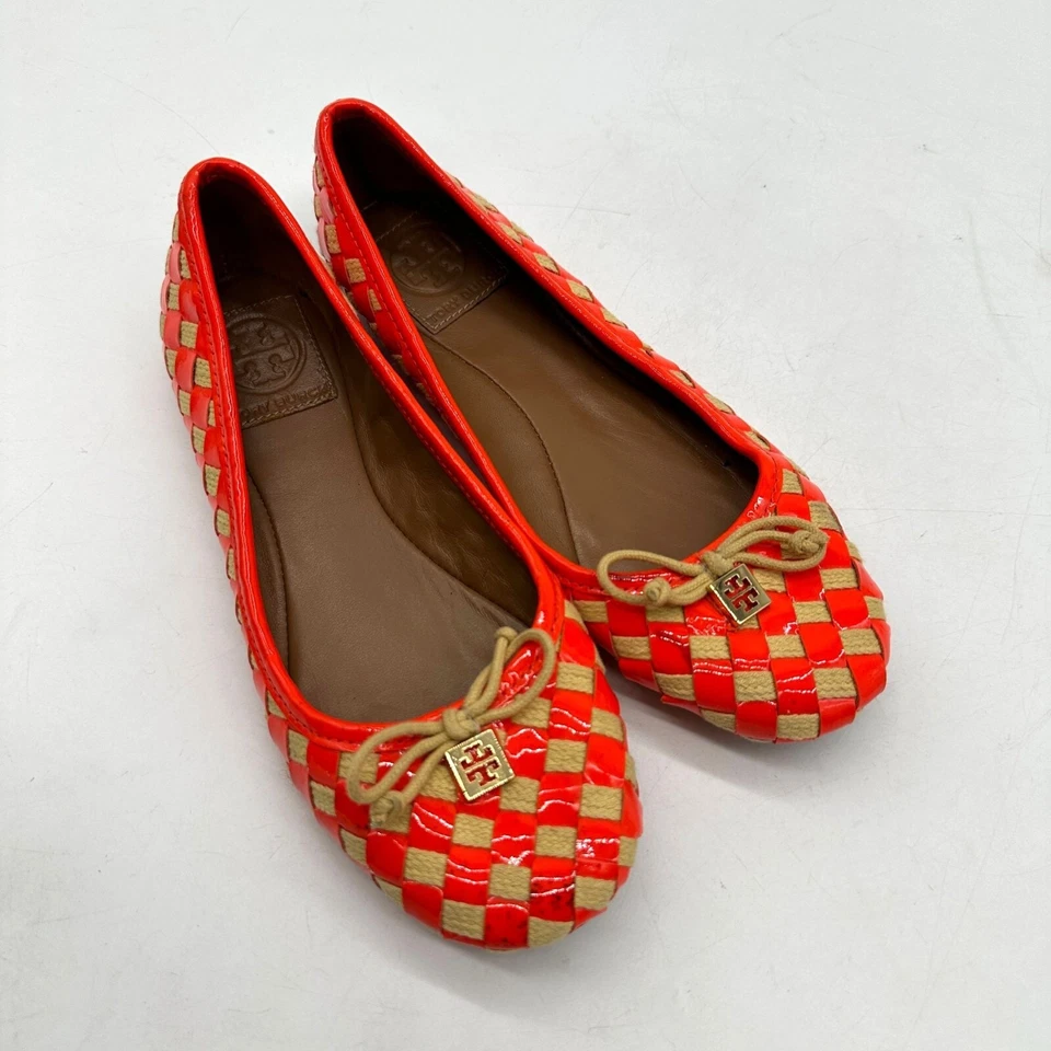Женские туфли на плоской подошве Tory Burch 5 М оранжевые бежевые без шнуровки тканые клетчатые лакированная кожа - Изображение 2 из 4
