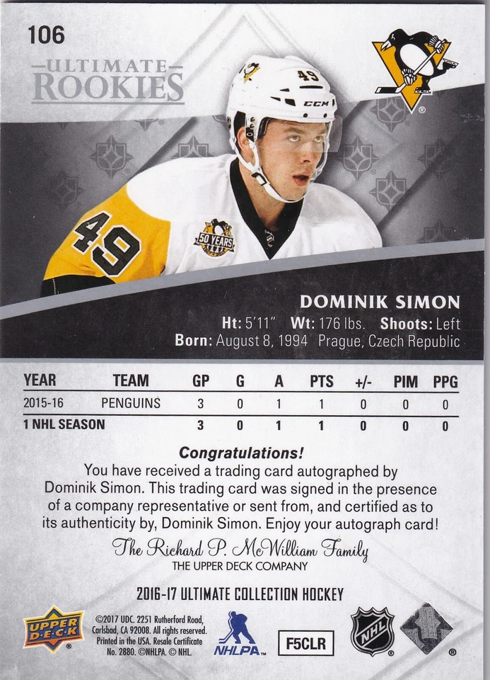 2016-17 Ultimate Collection #106 Dominik Simon AUTO 52/299 - Image 2 of 2