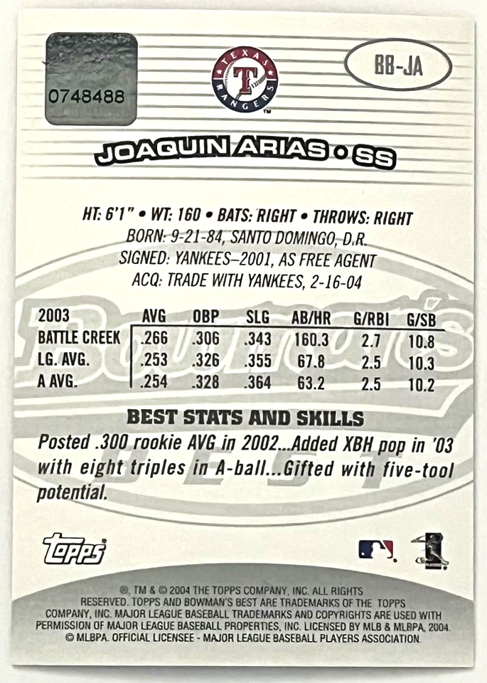 2004 Bowman's Best Auto #BB-JA Joaquin Arias RC Texas Rangers - Image 2 of 2