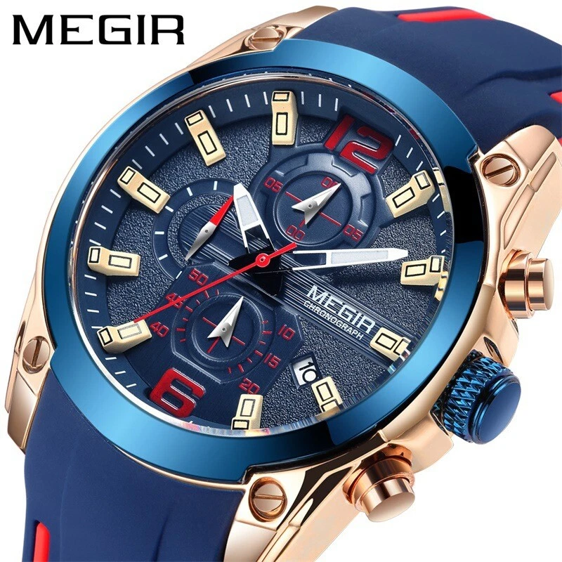 Reloj pulsera Megir deportivo de cuarzo para hombre impermeable cronógrafo correa de silicona Foto 2 de 4