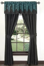 Kismet-Jacquard Panel Pair Black/Blue 2 Drapes42Wx84"L  2 Tieback4Wx27"L
