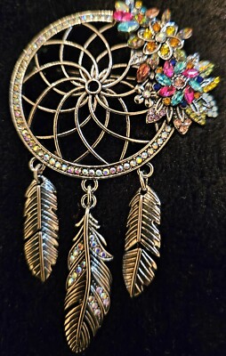 DREAM CATCHER BROOCH PIN. FEATHERS SWAY & BRILLANT COLORED STONES. MUST HAVE!!!!