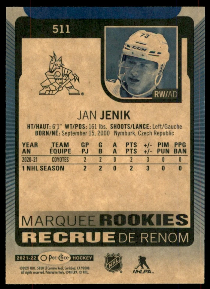 2021-22 O-Pee-Chee Blue Border Jan Jenik RC #511 - Image 2 of 2