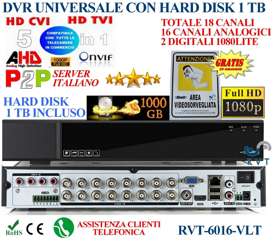 RVT Promo DVR 16 CANALI Universale PROFESSIONALE SERVER ITALIANO HARD DISK 1000 GB