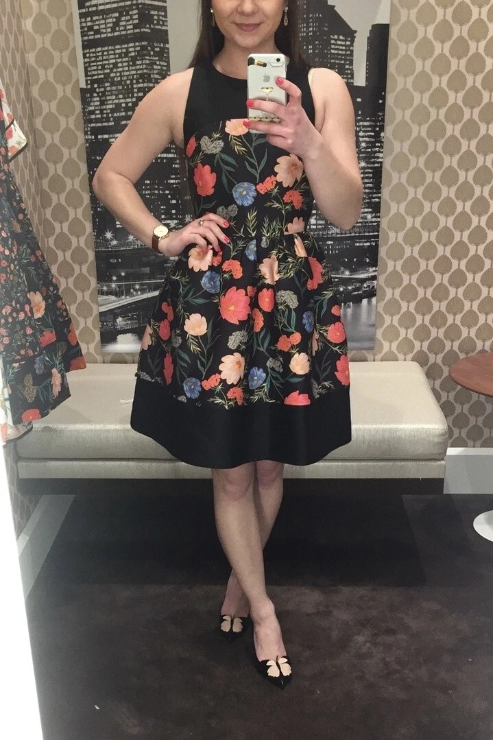 Mini abito senza maniche Kate Spade nero stampa floreale Mikado vestibilità e svasata 4