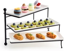 3 Tiered Serving Stand, Foldable Rectangular Food Display Stand with White Porce