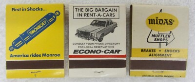 3 NEW Vintage FULL Matchbooks MONROE Shocks, MIDAS Muffler, ECONO Rent A Car NOS
