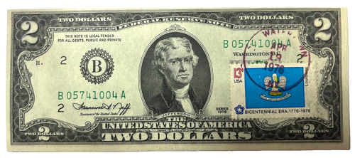 1976 $2 NOTE FIRST DAY OF ISSUE CANCEL STAMP UNCIRCULATED B 05741004 A