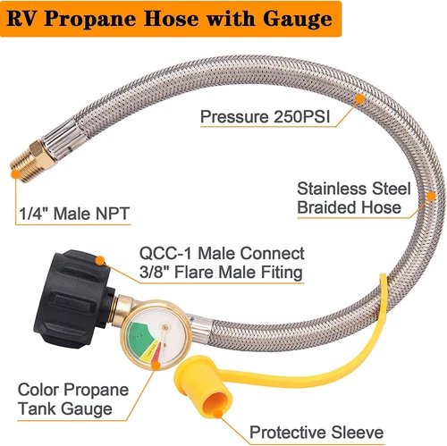 2x Stainless Braided RV Camper Propane Hose with 1/4" Male NPT QCC Type1 Inlet - Picture 5 of 9