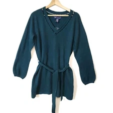 Susan Graver Green Angora Blend Tunic Sweater Embellished Waist Tie Size Large L