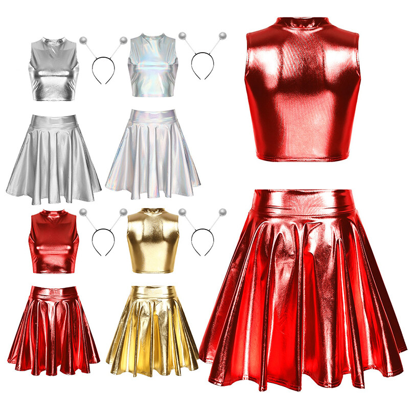 Womens Crop Top With Skirt Glossy Clubwear Theme Party Outfits High Waist  Club | eBay