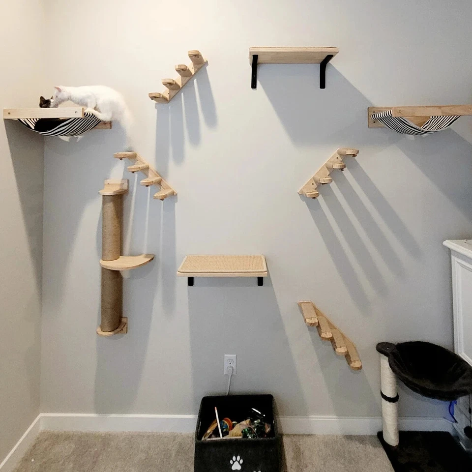 Cat Tree Wall Mounted Climbing Wooden Shelves Posts Ladders With Hammock/Bridge - Image 3 of 4