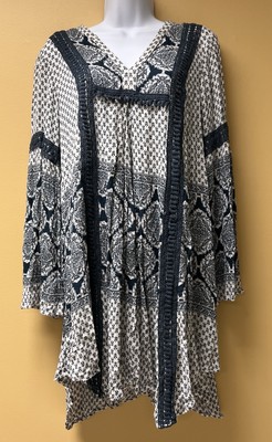 Knox Rose Teal Green Crochet Accent Flare Sleeves Blouse Boho Hippie, Small