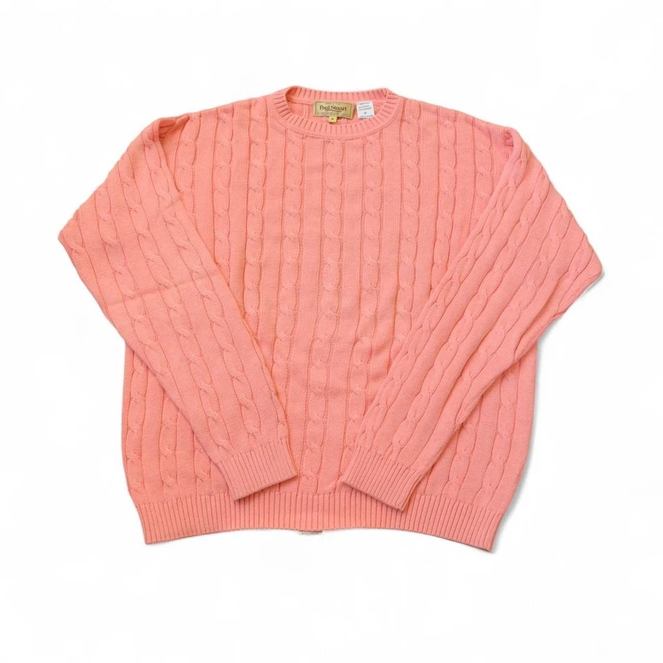 y2k Paul Stuart $795 pastel pink cotton cashmere cable knit crewneck sweater M - Image 2 of 4
