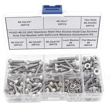 HVAZI 8-32 UNC Stainless Steel Hex Socket Head Cap Screws Nuts Flat Washer w...