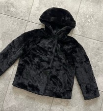 Zara Teddy Peluche Pelliccia Ecopelliccia Bottoni Snap Cappuccio Cappotto Giacca Nuovo Nero XS