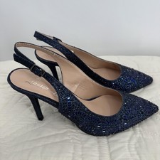 Lauren Lorraine Rachel Shoes Womens Size 6.5 Navy Slingback Heels Beaded Dress