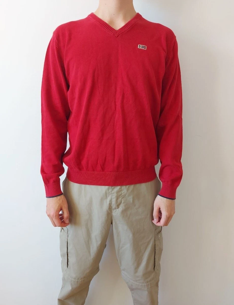 ALEXANDER MCQUEEN Napapijri Crimson Pullover Uomo Scollo a V Felpa Cotone Rosso Manica Lunga Taglia L