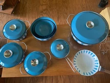 RARE Vintage 15-pc Catherineholm MCM Turquoise Lotus Leaf Enamel Cookware Set