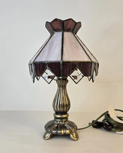 Vintage Art Deco Tiffany Styled Purple Stained Glass Lamp With Brass Like Base