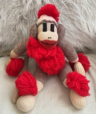 VTG MCM Handmade Sock Monkey 18   Soft Plush Long Tail Brown Cream Red Pom Poms