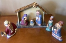 Vtg 6 Piece Ceramic Nativity Set With Wooden Stable 1990s