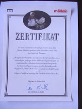 Märklin 1611: Zertifikat für Heidi Ott Puppe mit Puppenwagen 1995.