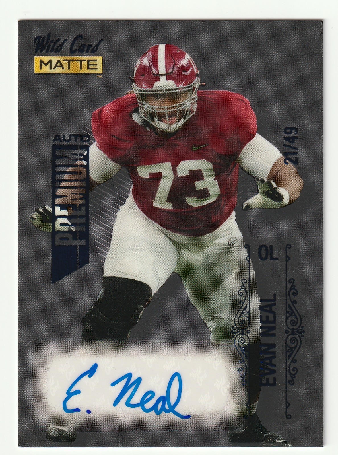 Evan Neal Wild Card Matte Black Draft Pick Premium Autographs #MBA Blue Foil
