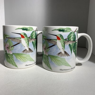 Pair Of White Ceramic National Wildlife Hummingbird Coffee Tea Mugs