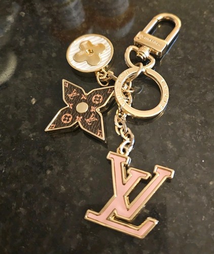 Upcycled Louis Vuitton Monogram Flower Key Chain Bag Charm in Gold Cream Pink 