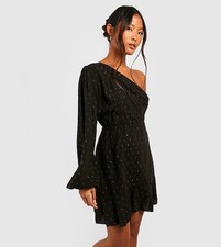Boohoo Petite Gold Metallic Polka Dot Asymmetric Mini Dress Black, UK 12