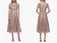 La Femme Tea Length Mother of the Bride Dress with Short Sleeves