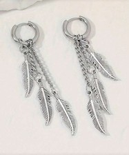 Feather earrings - drop Hoop dangle earrings  - 925 Sterling Silver