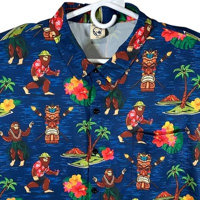 Hardaddy Bigfoot Hawaiian Shirt Mens 3XL Blue Tiki Volcano Tropical Short Sleeve