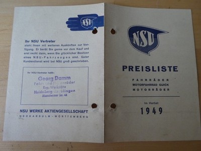 original NSU PREISLISTE 1949 Fahrrad Quick 125 ZDB 251 OSL Fox