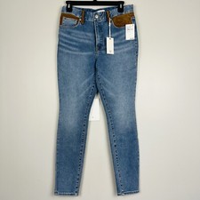 Good American Sz. 6 Good Legs Tan Suede Mixing Skinny Stretch Blue Jeans 155.
