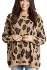 Altar'd State Womens Sweater Fuzzy Knit Leopard Print Drop Sleeve Pullover XS/S