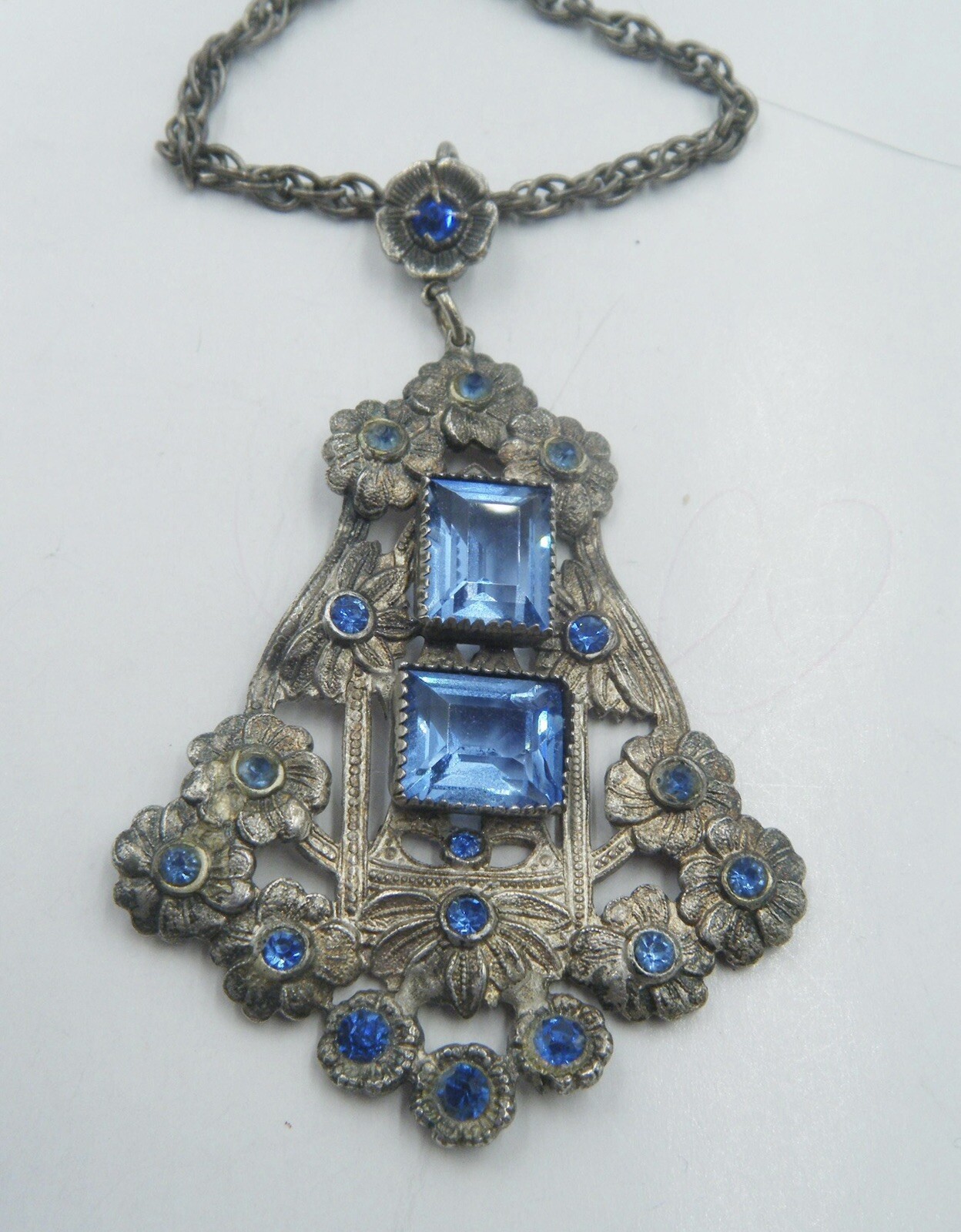 Art Deco Blue Rectangular Czech Glass Silvertone … - image 5