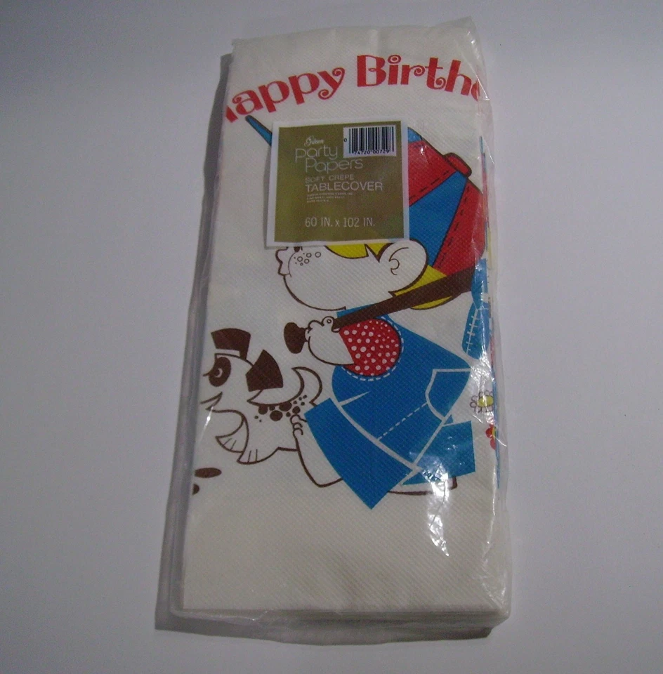 Mantel de papel vintage de fiesta de feliz cumpleaños de mediados de siglo, niño perro de béisbol Foto 3 de 4